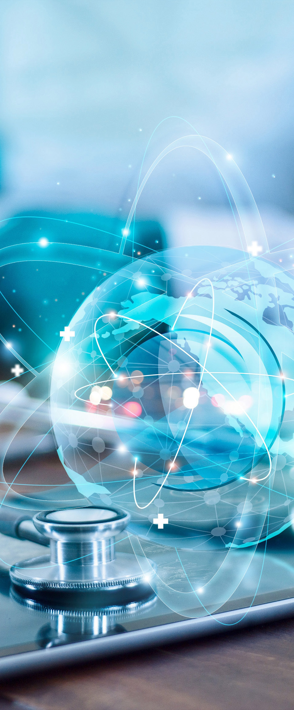 A portrait view of a glowing digital globe with interconnected lines, symbolizing AI-powered integration of electronic health records and data.