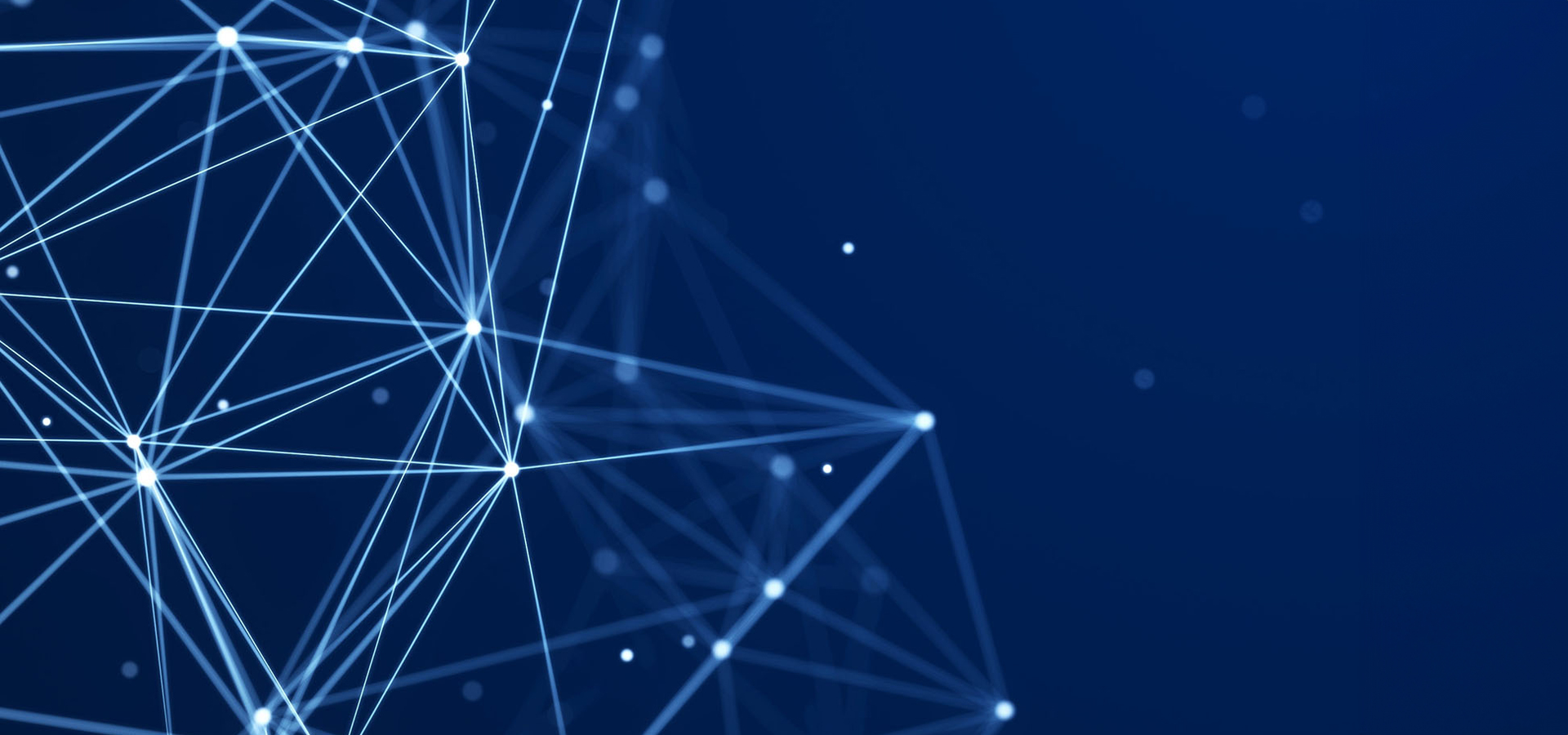 A blue background with interconnected glowing lines and dots, forming a network-like structure, illustrates AI.