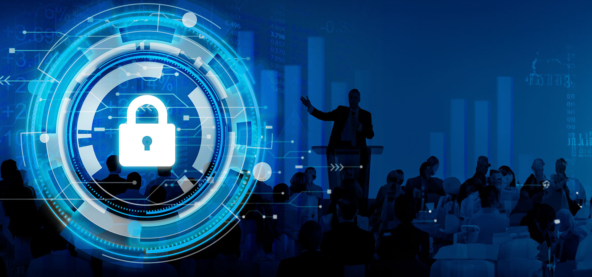 A professional presenting the concept of data security analysis in a conference hall.
