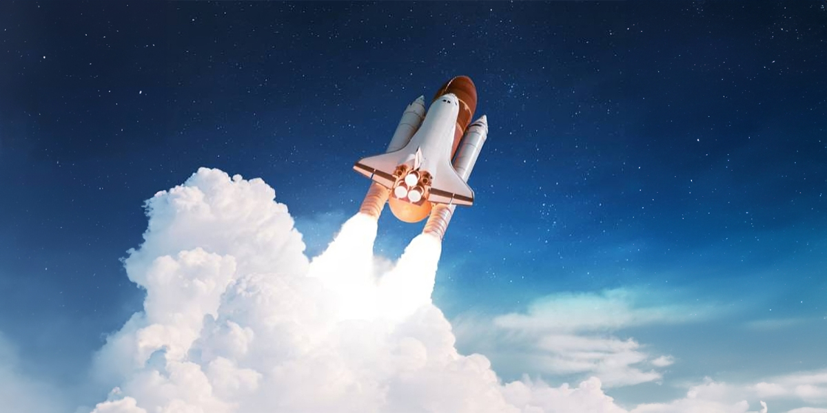 A rocket launches into the sky, surrounded by clouds.