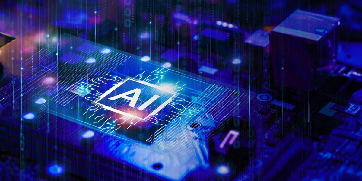 AI chip on a blue technology-themed background with a circuit board design.