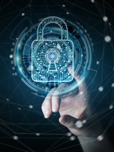 A hand reaching towards a digital padlock with a glowing circuit design, symbolizing cybersecurity and data protection.