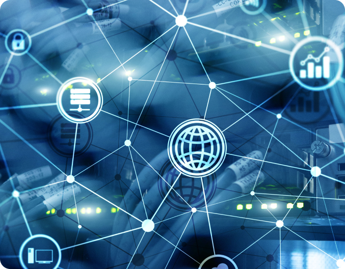 Digital network with interconnected nodes, globe and bar graph icons, and a background of server cables, symbolizing efficiency and service enhancement.