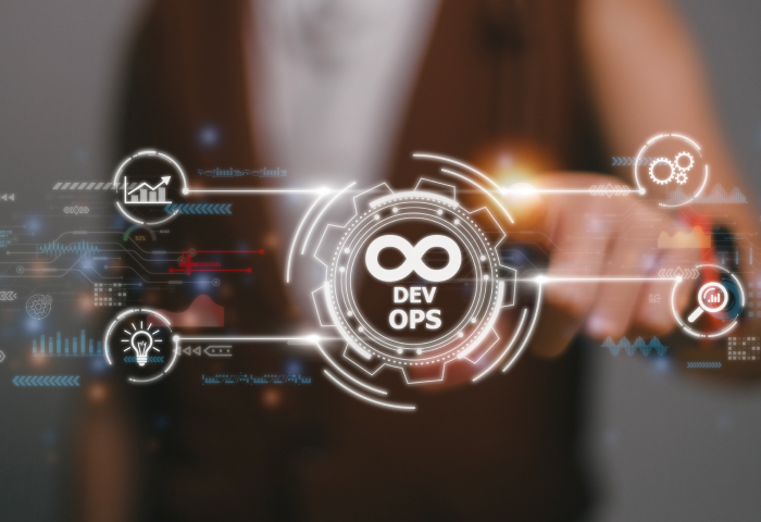 DevOps logo in a digital interface with icons and graphs showing early security integration and improved overall security posture.